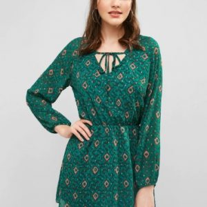 Long Sleeve Printed Casual Dress - Sea Turtle Green