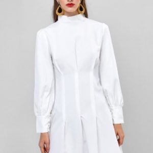 Long Sleeve Ruched High Neck Mini Dress - White