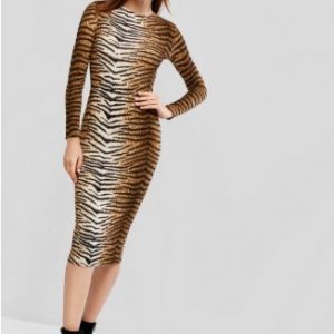 Long Sleeve Tiger Leopard Midi Bodycon Dress - Leopard