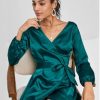 Long Sleeve Wrap Mini Satin Dress