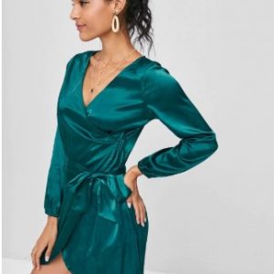 Long Sleeve Wrap Mini Satin Dress - Greenish Blue