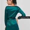 Long Sleeve Wrap Mini Satin Dress - Greenish Blue