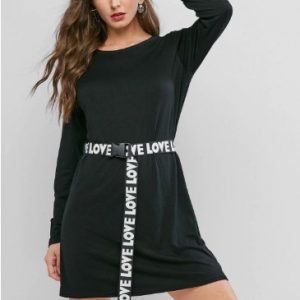 Long Sleeves LOVE Belt T Shirt Dress - Black