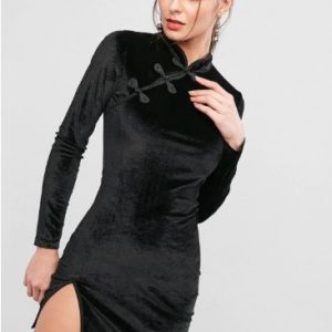 Mandarin Collar Velvet Slit Bodycon Dress - Black