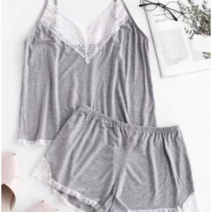 Marled Lace Trim Short Pajama Set