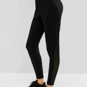 Mesh Insert Wide Waistband Skinny Leggings - Black