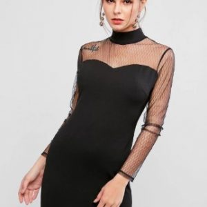 Mock Neck Mesh Yoke Bodycon Dress - Black