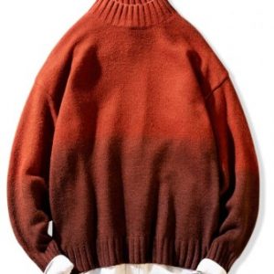 Mock Neck Ombre Graphic Pullover Sweater - Caramel