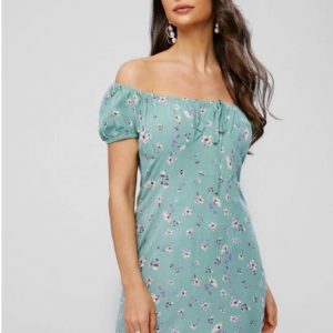 Off Shoulder Bowknot Floral Print Dress - Dark Sea Green