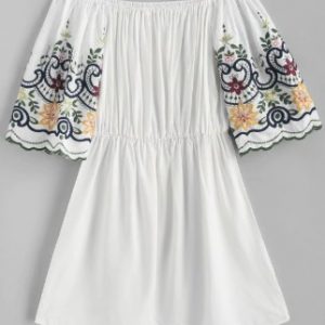 Off Shoulder Floral Embroidered Scalloped Dress