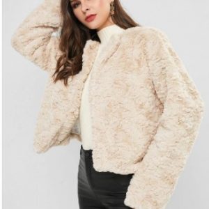 Open Front Solid Color Faux Fur Coat - Beige