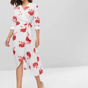 Overlap Floral Surplice Dress - White