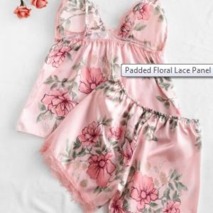 Padded Floral Lace Panel Satin Pajamas Set