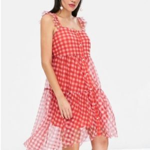 Plaid Button Up Gauze Dress - Chestnut Red