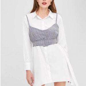 Plaid Cami Top Belted Asymmetric Dress - White