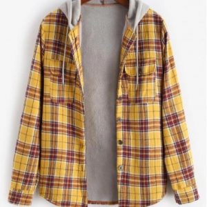 Plaid Colorblock Splicing Hood Fleece Shirt Jacket - Golden Brown