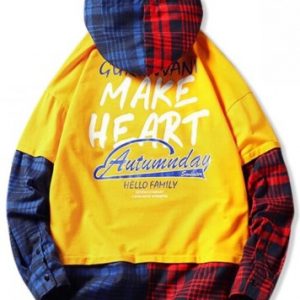 Plaid Contrast Color Splicing Letter Graphic Hoodie - Rubber Ducky Yellow