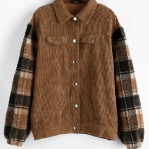 Plaid Faux Shearling Sleeve Corduroy Jacket - Light Brown