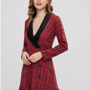 Plaid Flounce Christmas Surplice Dress - Fire Engine Red