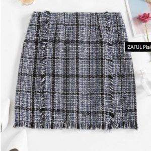 Plaid Frayed Hem A Line Skirt - Ocean Blue