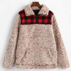 Plaid Front Pocket Zip Front Faux Fur Sweatshirt