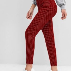 Plaid High Waisted Skinny Leggings - Cherry Red