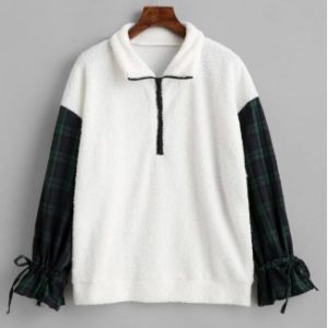 Plaid Panel Cinched Half Zip Teddy Sweatshirt