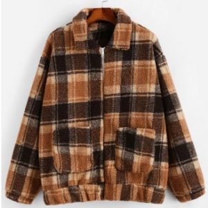 Plaid Pattern Zip Up Fluffy Jacket - Coffee