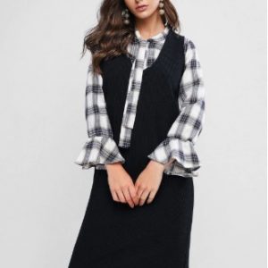 Plaid Poet Sleeves Bowtie Two Piece Dress Set