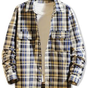 Plaid Print Chest Pocket Long Sleeve Button Up Shirt - Blue Ivy