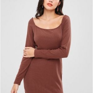 Plain Ribbed Mini Dress - Deep Coffee