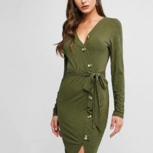 Plunge Surplice Belted Buttoned Bodycon Dress - Dark Green