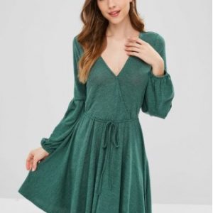 Plunge Surplice Knit Lantern Sleeve Dress