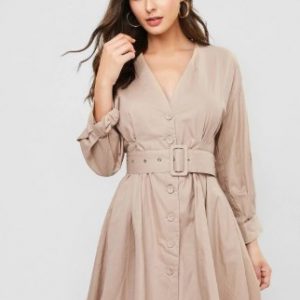 Plunging Button Up Belted Tie Cuffs Dress