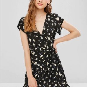 Plunging Neck Floral Ruffles Dress - Black