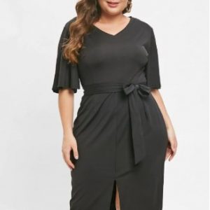 Plus Size Belted Slit Fitted Dress