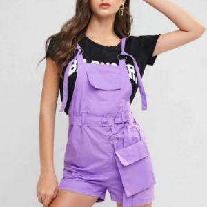 Pocket Belted O Ring Embellished Pinafore Romper - Purple