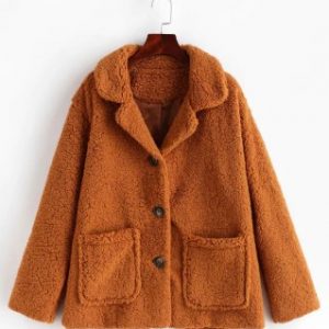 Pocket Single Breasted Fluffy Teddy Coat - Brown