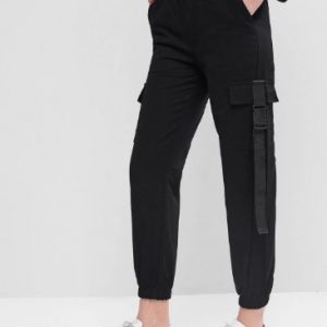 Pockets Buckle Jogger Cargo Pants - Black