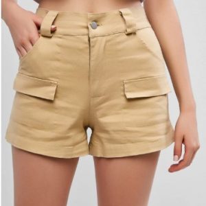 Pockets High Waisted Chino Shorts - Cookie Brown