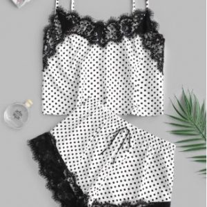 Polka Dot Lace Insert Pajama Shorts Set