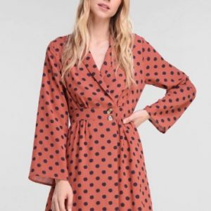 Polka Dot Long Sleeve Mini Dress - Rust