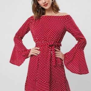 Polka Dot Off Shoulder Flare Sleeve Dress - Red