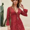 Polka Dot Smocked Button Loop Flare Dress - Red