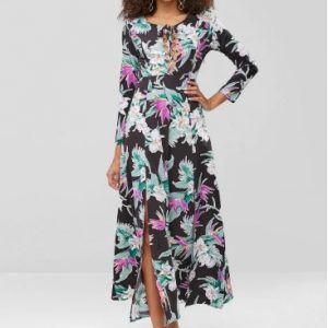 Print Lace-up Maxi Slit Dress - Multi