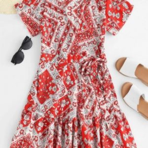 Print Ruffle Hem Mini Wrap Dress