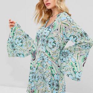 Printed Bell Sleeve Smock Dress - Multi