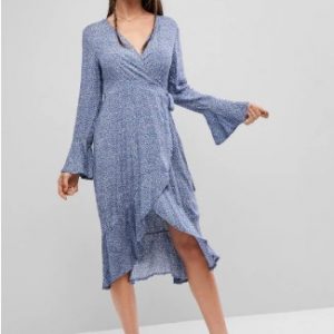 Printed Flare Sleeve Wrap Midi Dress