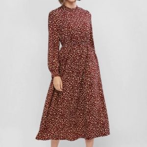 Printed Long Sleeve Maxi Flowing Dress - Brown