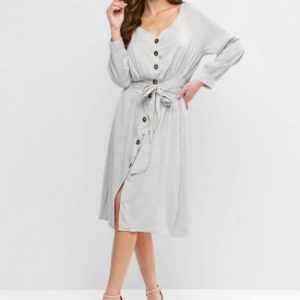 Front Tie Lantern Sleeve Surplice Bodycon Dress